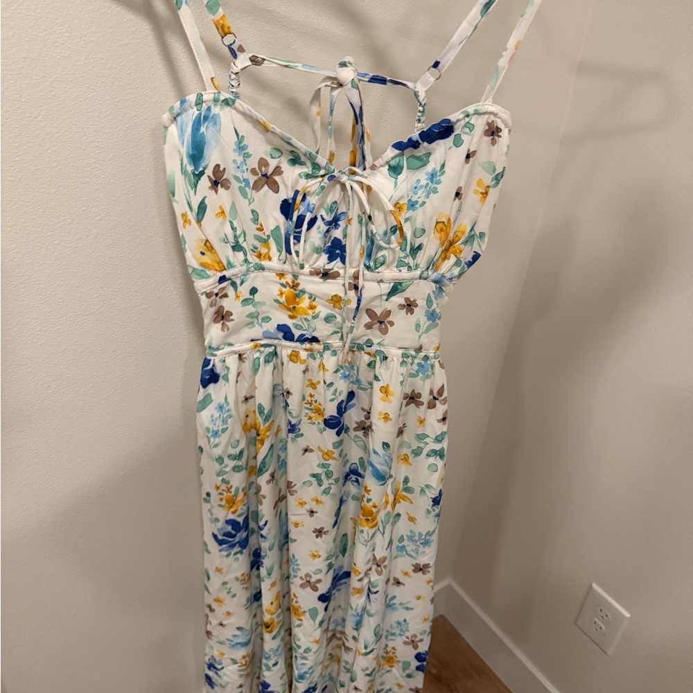 Lulu's Floral Midi Dress - Blue, Yellow, Brown